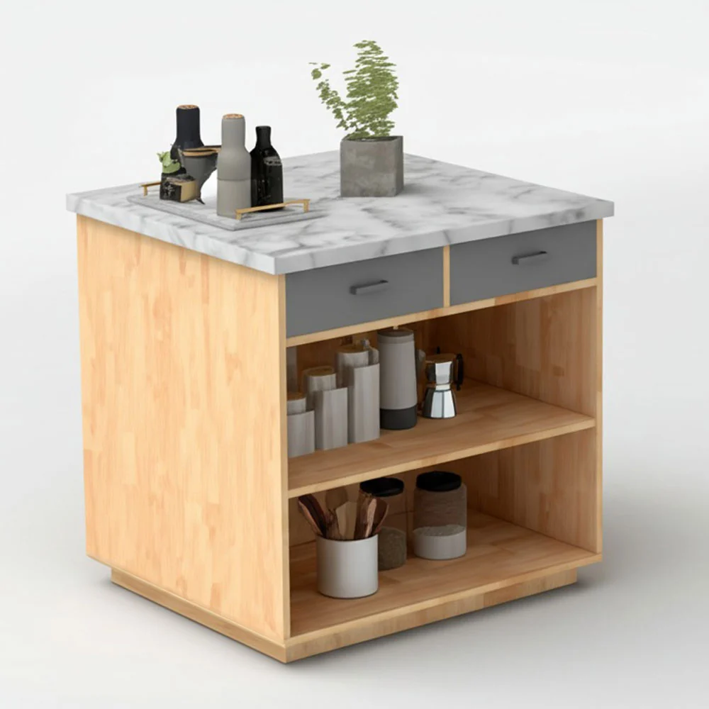 Tekkashop Bàn Đảo Bếp Mini Hình Vuông Mặt Đá Thân Gỗ Cao Su