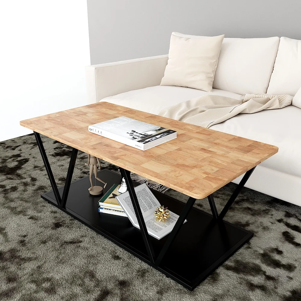 Tekkashop Bàn Sofa 2 Tầng Chân Sắt Chữ V Mặt Gỗ Cao Su