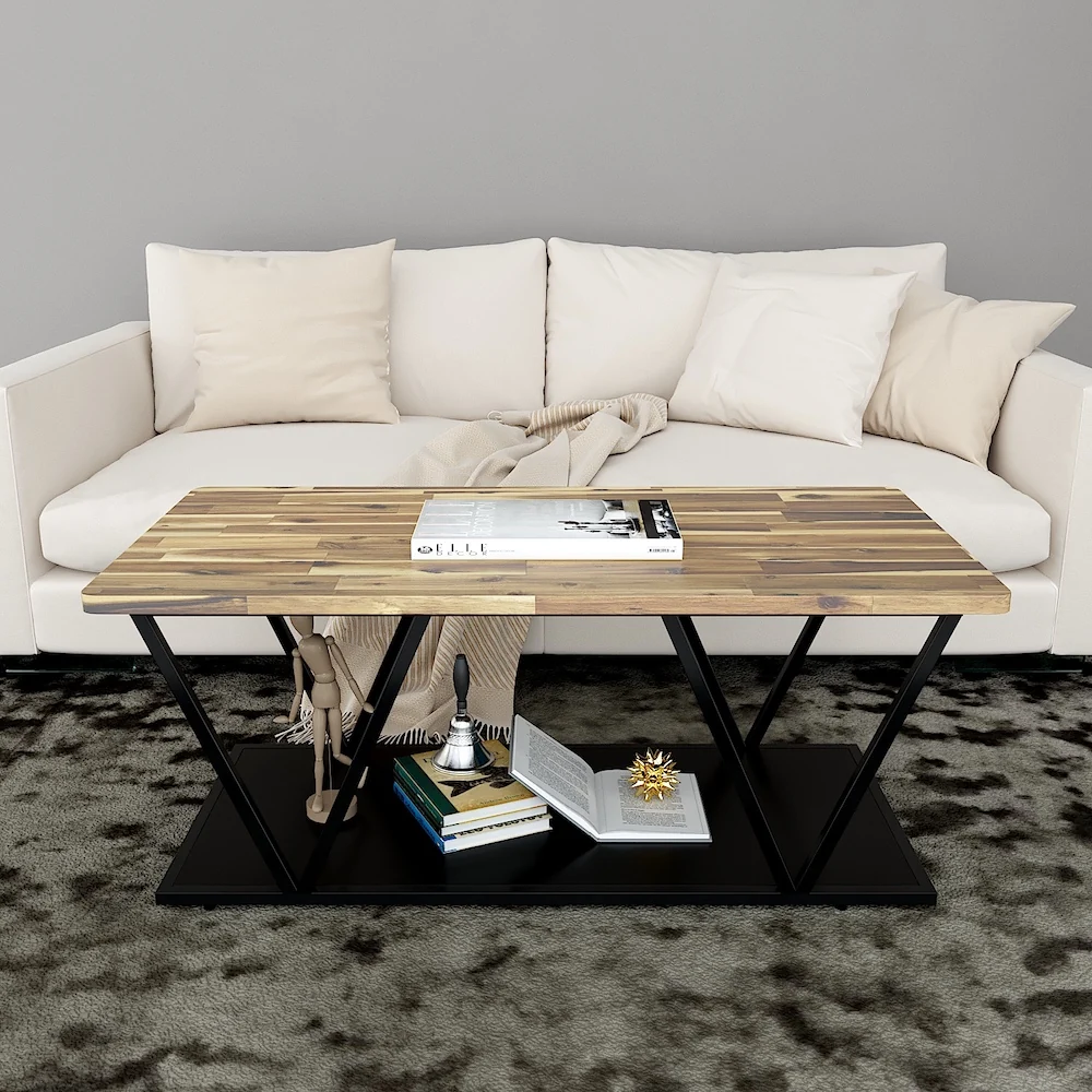 Tekkashop Bàn Sofa 2 Tầng Chân Sắt Chữ V Mặt Gỗ Tràm
