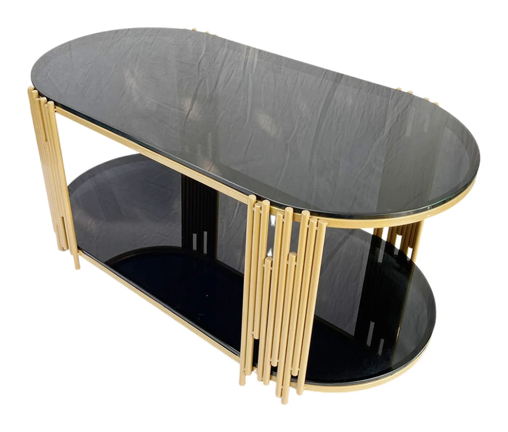 Tekkashop Bàn Sofa 2 Tầng Mặt Kính Đen Khung Sắt Ống Vàng Đồng