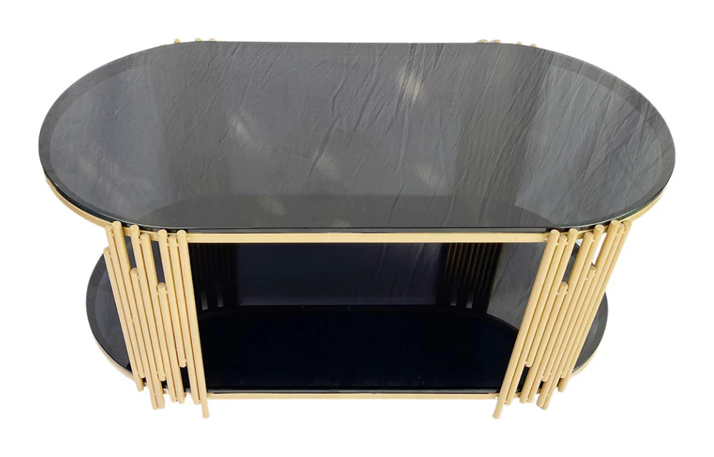 Tekkashop Bàn Sofa 2 Tầng Mặt Kính Đen Khung Sắt Ống Vàng Đồng