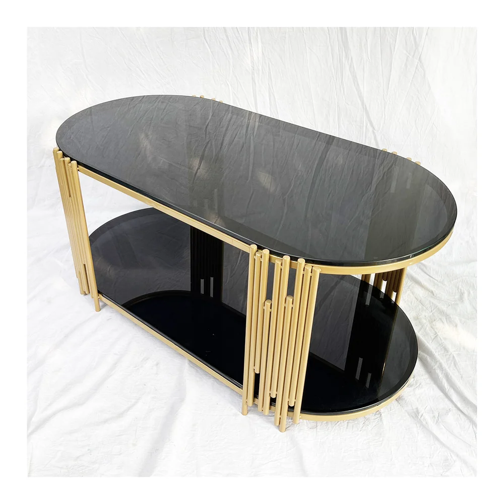 Tekkashop Bàn Sofa 2 Tầng Mặt Kính Đen Khung Sắt Ống Vàng Đồng