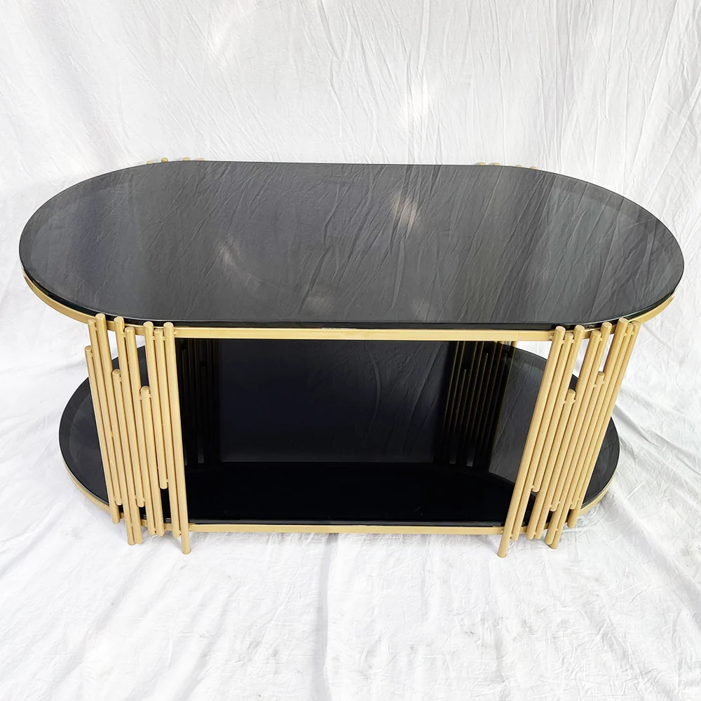 Tekkashop Bàn Sofa 2 Tầng Mặt Kính Đen Khung Sắt Ống Vàng Đồng