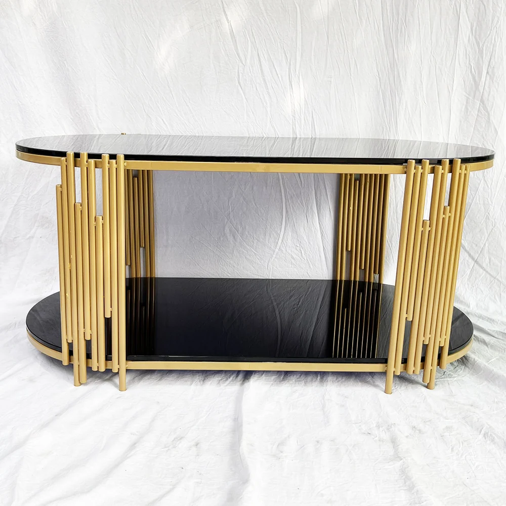 Tekkashop Bàn Sofa 2 Tầng Mặt Kính Đen Khung Sắt Ống Vàng Đồng