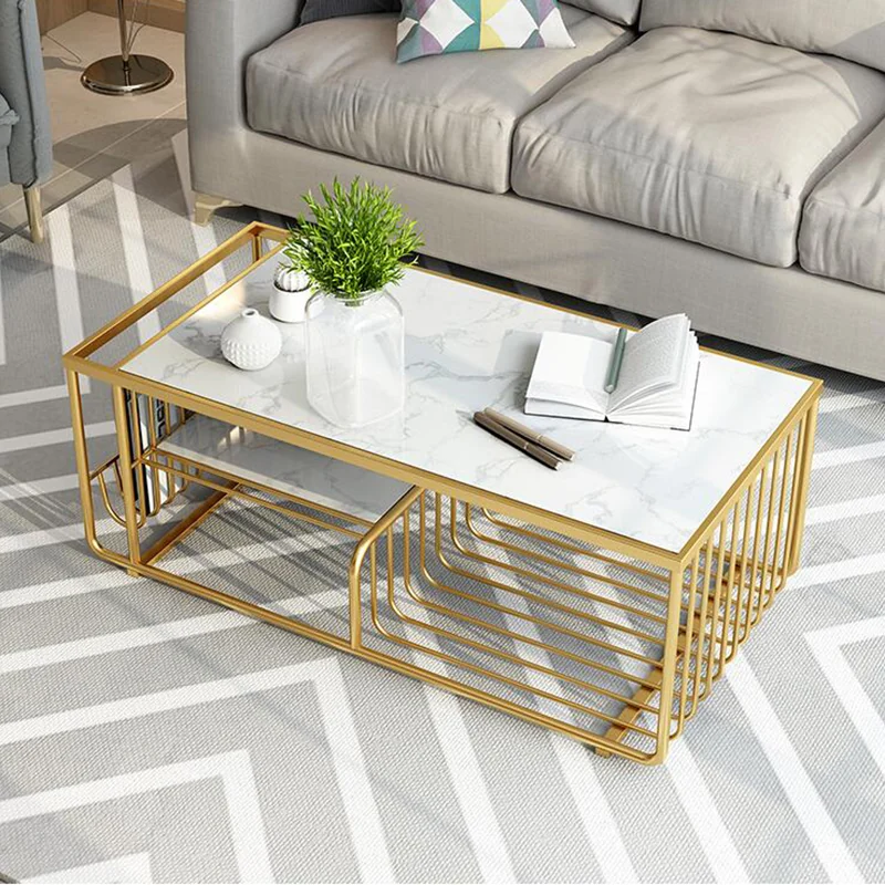 Tekkashop Bàn Sofa Chữ Nhật Có Khay Báo Mặt Đá Khung Sắt Uốn