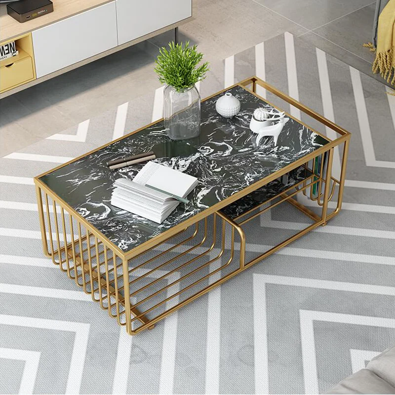 Tekkashop Bàn Sofa Chữ Nhật Có Khay Báo Mặt Đá Khung Sắt Uốn
