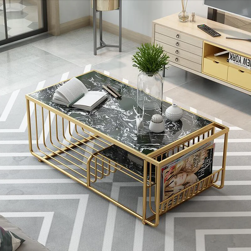 Tekkashop Bàn Sofa Chữ Nhật Có Khay Báo Mặt Đá Khung Sắt Uốn