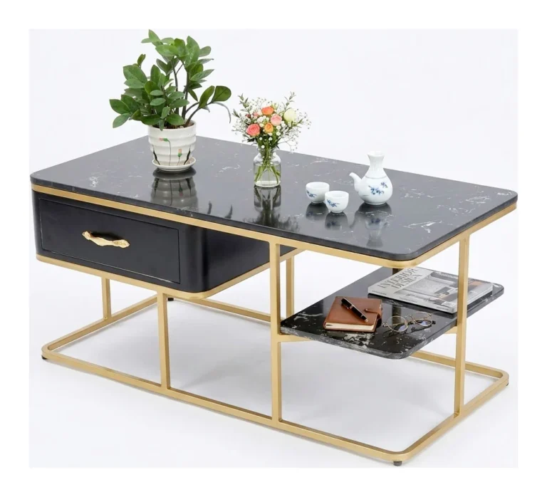 Tekkashop Bàn Sofa Có Hộc Kéo Kệ Phụ Mặt Đá Khung Vàng Đồng