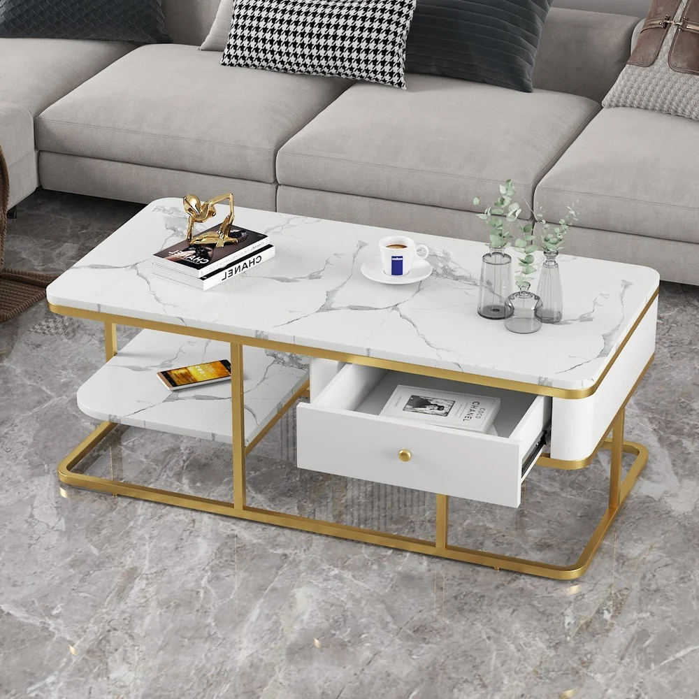 Tekkashop Bàn Sofa Có Hộc Kéo Kệ Phụ Mặt Đá Khung Vàng Đồng