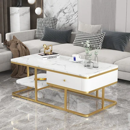 Tekkashop Bàn Sofa Có Hộc Kéo Kệ Phụ Mặt Đá Khung Vàng Đồng