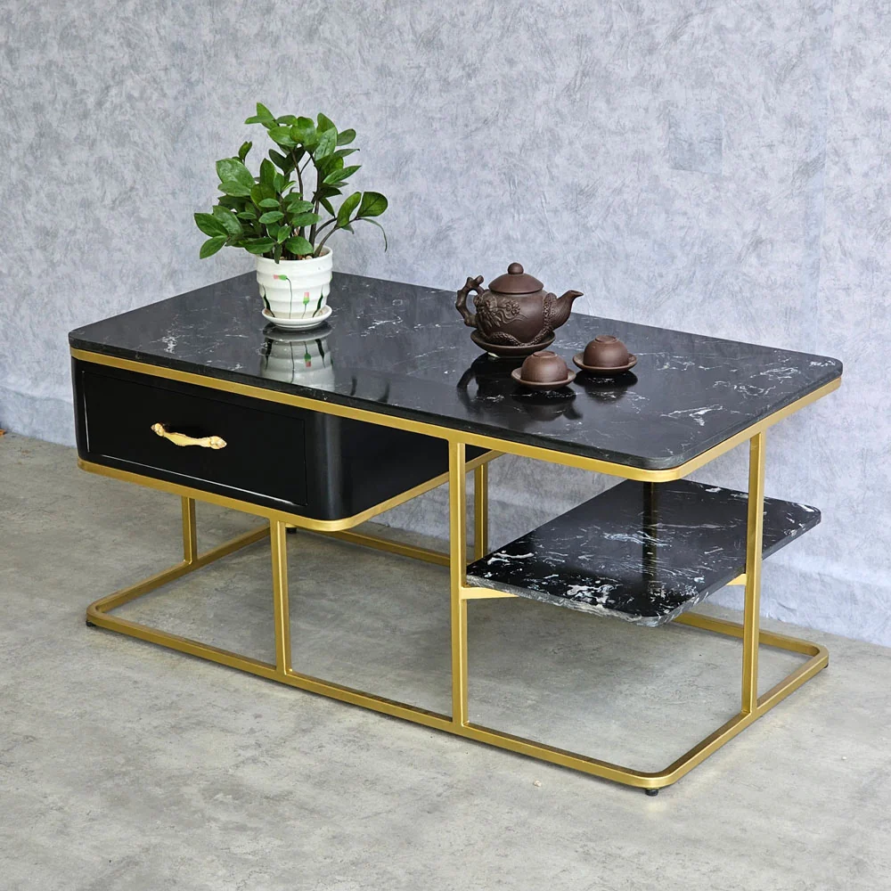 Tekkashop Bàn Sofa Có Hộc Kéo Kệ Phụ Mặt Đá Khung Vàng Đồng