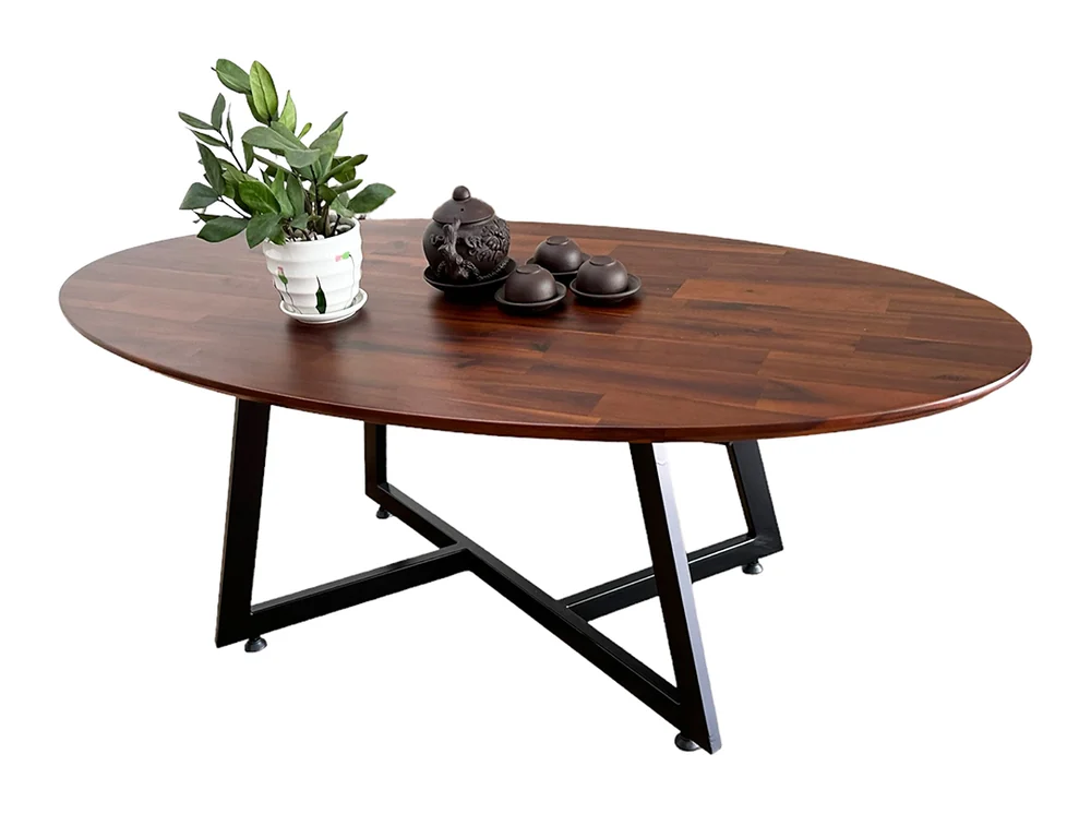 Tekkashop Bàn Sofa Elip Mặt Gỗ Tràm Chân Sắt Chéo