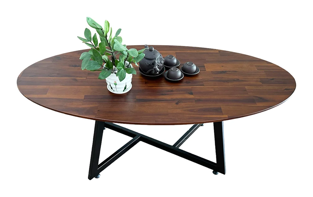 Tekkashop Bàn Sofa Elip Mặt Gỗ Tràm Chân Sắt Chéo