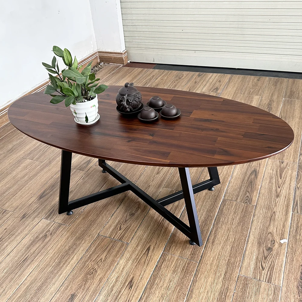 Tekkashop Bàn Sofa Elip Mặt Gỗ Tràm Chân Sắt Chéo