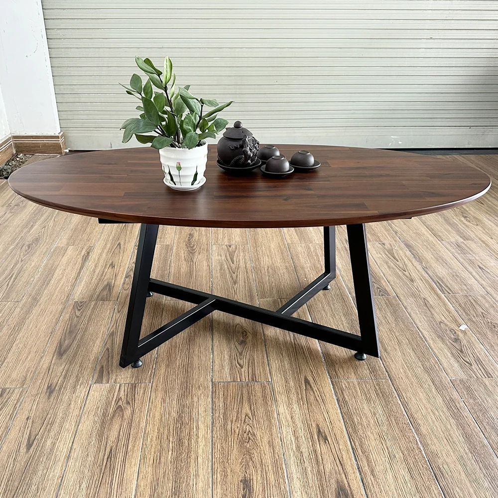 Tekkashop Bàn Sofa Elip Mặt Gỗ Tràm Chân Sắt Chéo