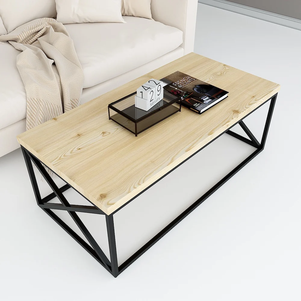 Tekkashop Bàn Sofa Khung Sắt Chữ X Mặt Gỗ Thông Dày