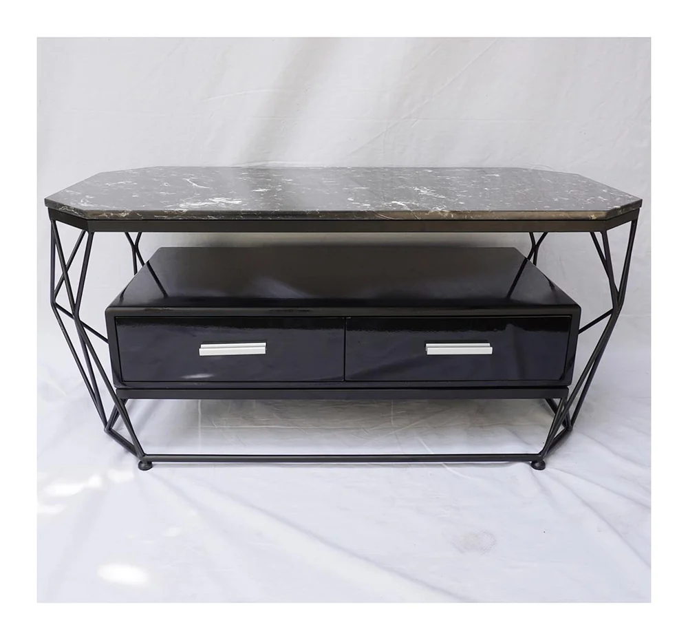 Tekkashop Bàn Sofa Mặt Đá Đen Khung Sắt Kim Cương Có Hộc Tủ