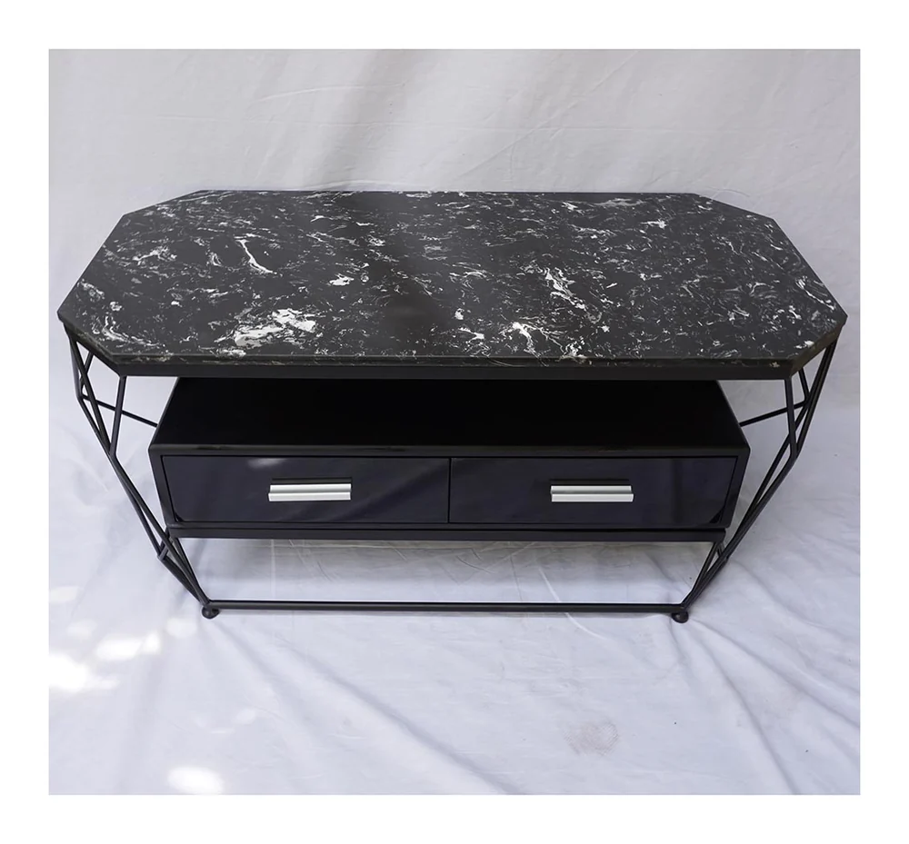 Tekkashop Bàn Sofa Mặt Đá Đen Khung Sắt Kim Cương Có Hộc Tủ