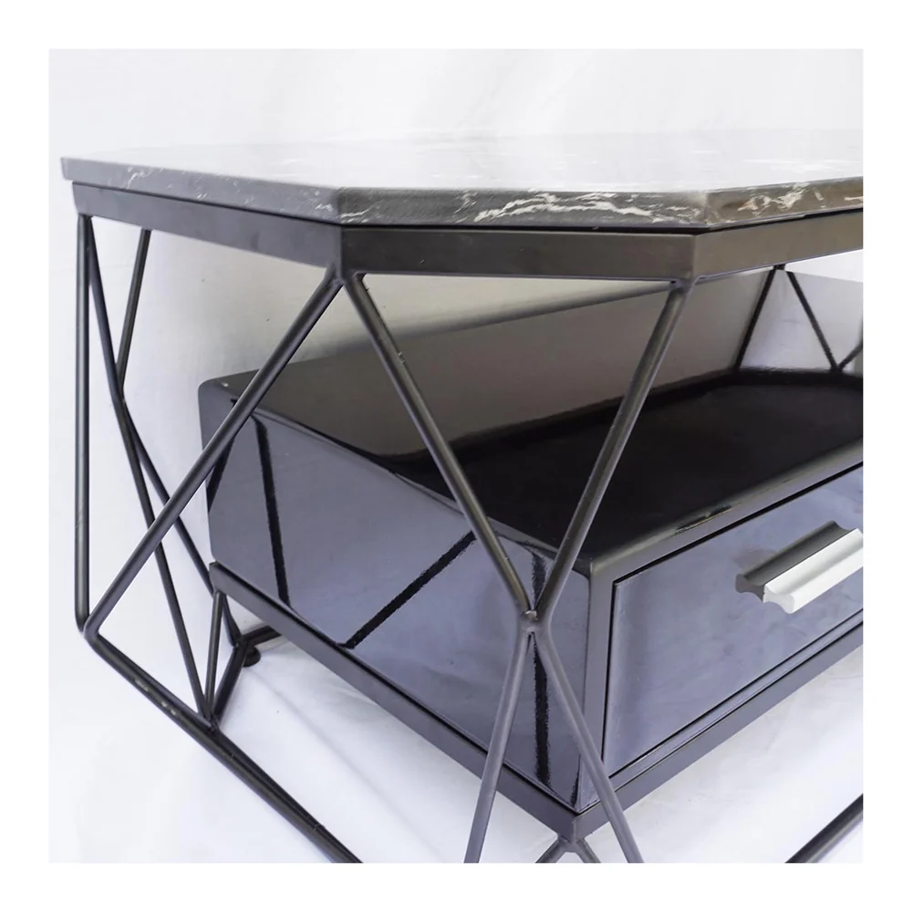 Tekkashop Bàn Sofa Mặt Đá Đen Khung Sắt Kim Cương Có Hộc Tủ