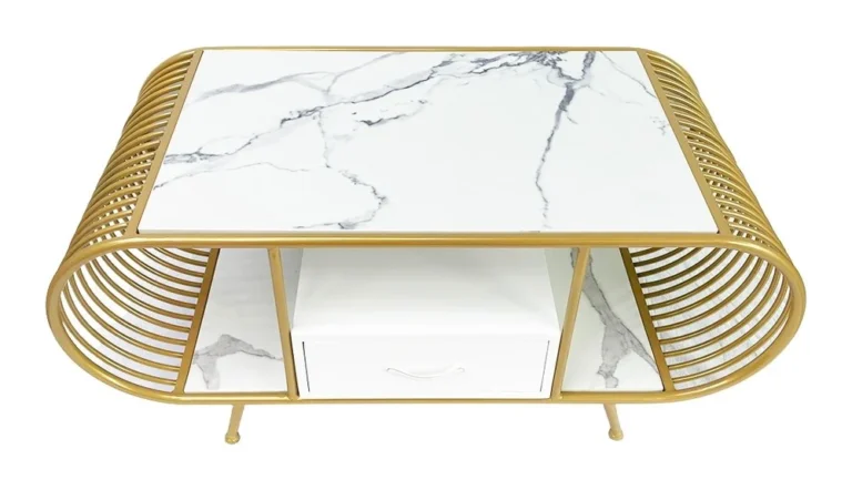 Tekkashop Bàn Sofa Mặt Đá Khung Sắt Uốn Vòng Vàng Đồng Có Hộc Tủ
