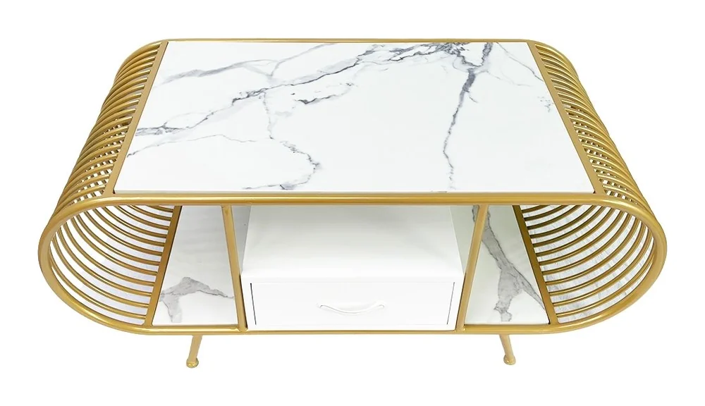 Tekkashop Bàn Sofa Mặt Đá Khung Sắt Uốn Vòng Vàng Đồng Có Hộc Tủ