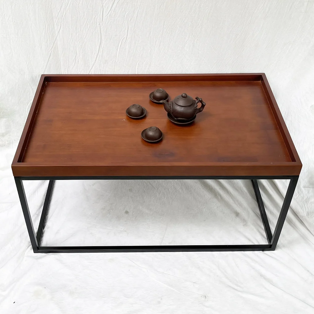 Tekkashop Bàn Sofa Mặt Khay Có Gờ Khung Sắt Hộp Gỗ Cao Su