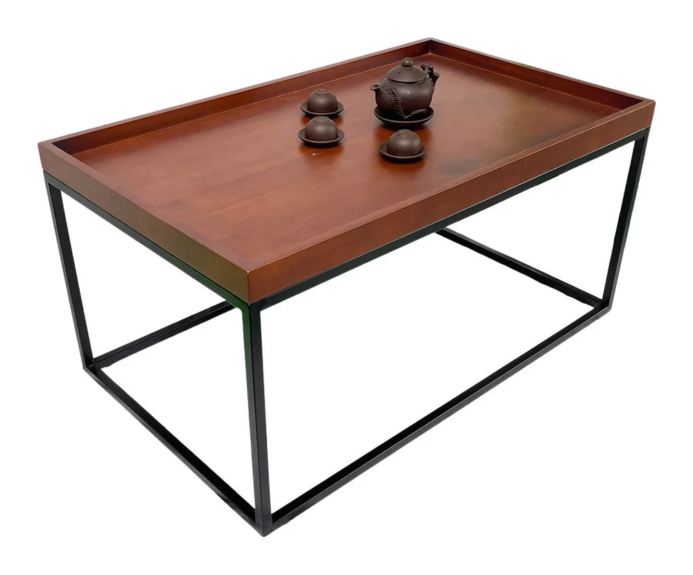 Tekkashop Bàn Sofa Mặt Khay Có Gờ Khung Sắt Hộp Gỗ Cao Su