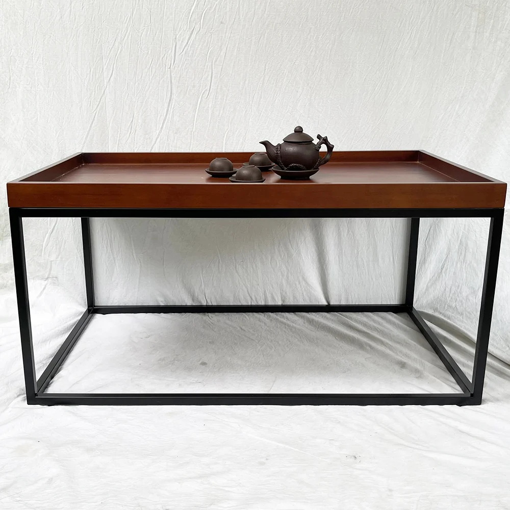 Tekkashop Bàn Sofa Mặt Khay Có Gờ Khung Sắt Hộp Gỗ Cao Su