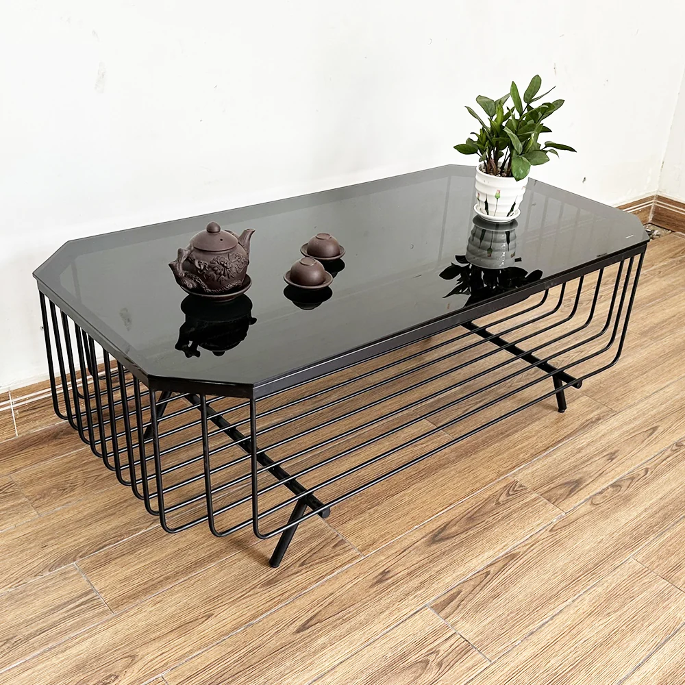 Tekkashop Bàn Sofa Mặt Kính Khung Sắt Nan Uốn Tròn