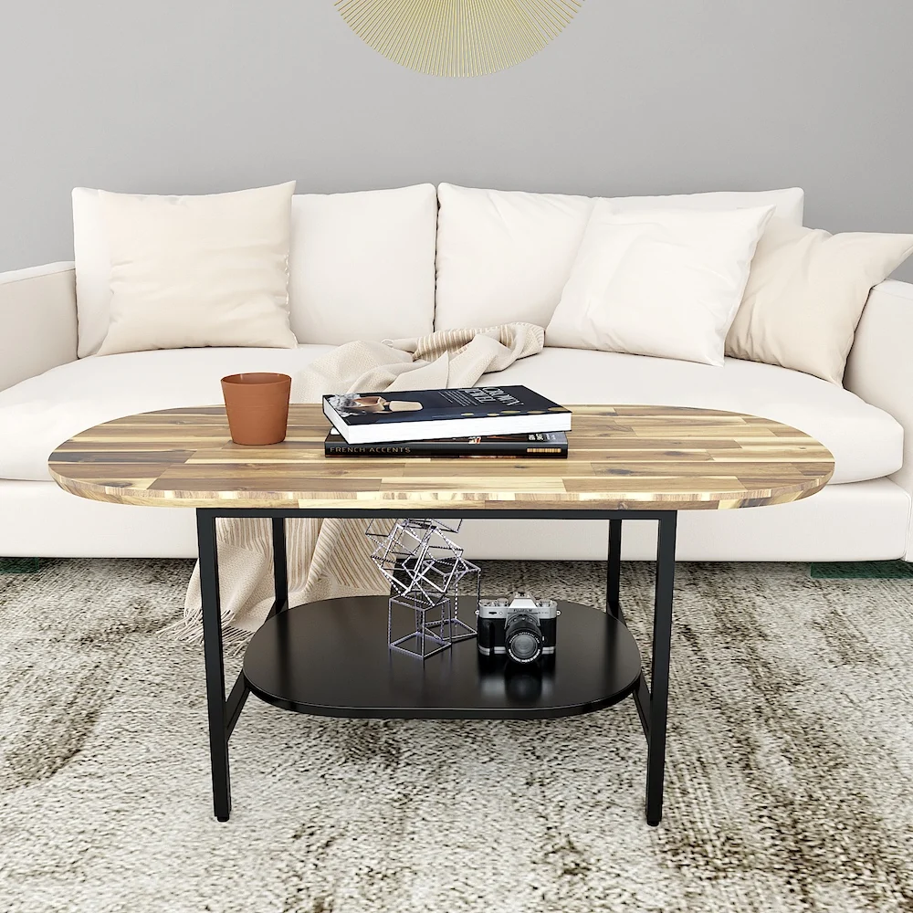 Tekkashop Bàn Sofa Oval 2 Tầng Khung Sắt Mặt Gỗ Tràm