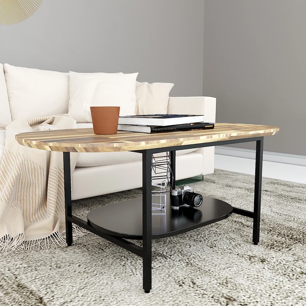 Tekkashop Bàn Sofa Oval 2 Tầng Khung Sắt Mặt Gỗ Tràm