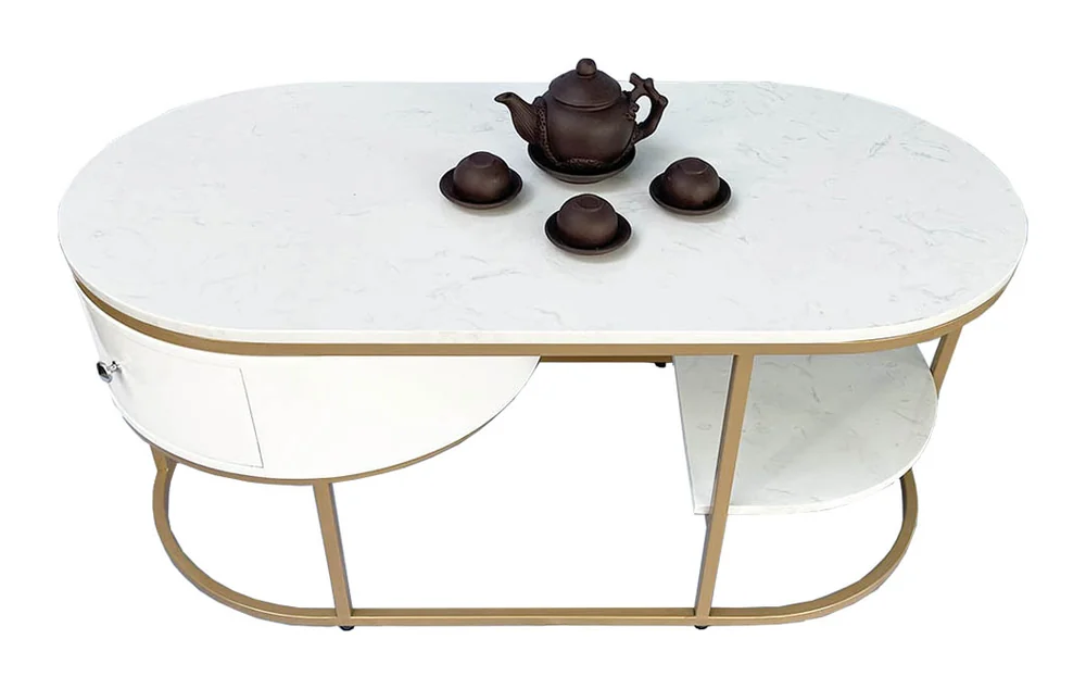 Tekkashop Bàn Sofa Oval Có Hộc Tủ Kệ Phụ Mặt Đá Khung Vàng Đồng