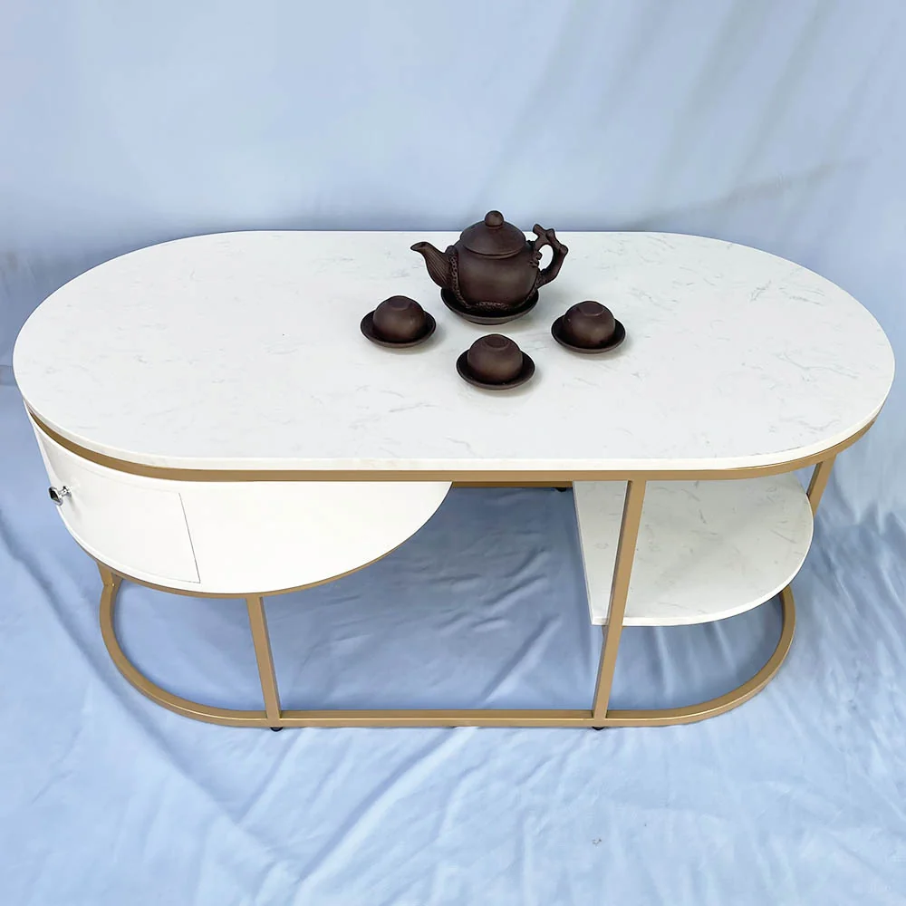 Tekkashop Bàn Sofa Oval Có Hộc Tủ Kệ Phụ Mặt Đá Khung Vàng Đồng
