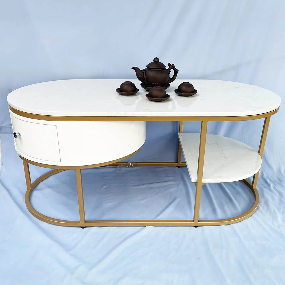 Tekkashop Bàn Sofa Oval Có Hộc Tủ Kệ Phụ Mặt Đá Khung Vàng Đồng