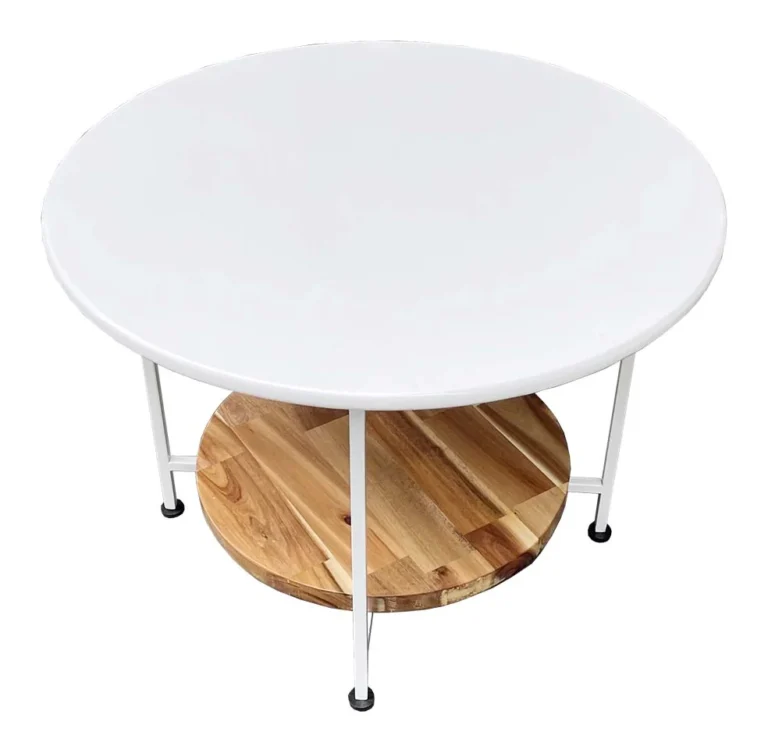 Tekkashop Bàn Sofa Tròn 2 Tầng Mặt Gỗ Trắng Kệ Gỗ Tràm Chân Sắt