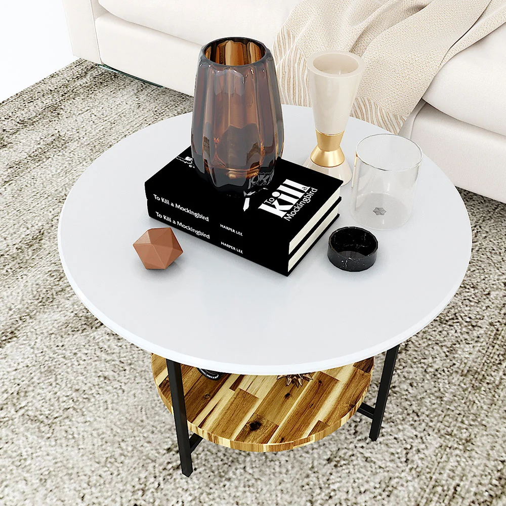 Tekkashop Bàn Sofa Tròn 2 Tầng Mặt Gỗ Trắng Kệ Gỗ Tràm Chân Sắt