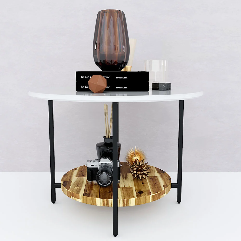 Tekkashop Bàn Sofa Tròn 2 Tầng Mặt Gỗ Trắng Kệ Gỗ Tràm Chân Sắt