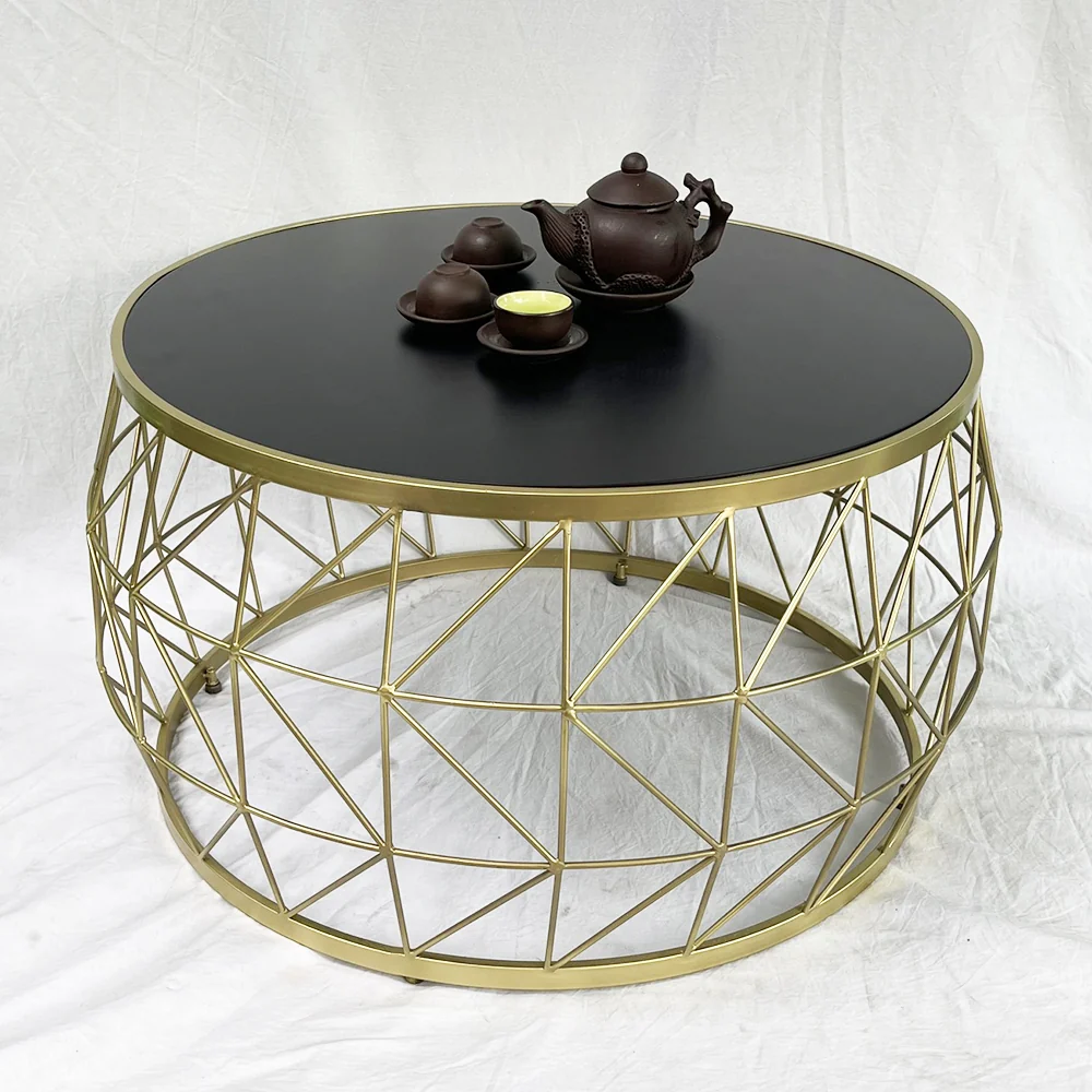 Tekkashop Bàn Sofa Tròn Dáng Trống Khung Sắt Đan Mặt Gỗ Cao Su
