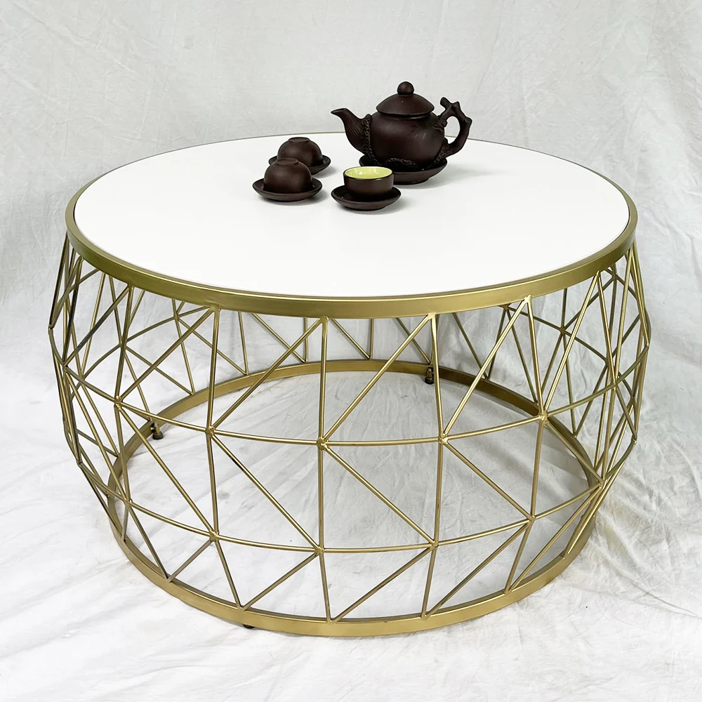 Tekkashop Bàn Sofa Tròn Dáng Trống Khung Sắt Đan Mặt Gỗ Cao Su