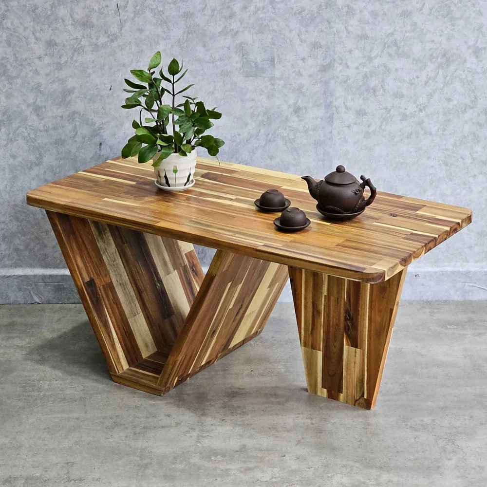 Tekkashop Bàn Trà Gỗ Tràm Chân Chữ V Liền Khối