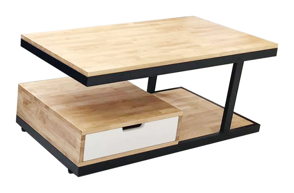 Tekkashop Bàn Trà Hiện Đại Khung Sắt Lệch Tầng Có Ngăn Kéo Gỗ Cao Su