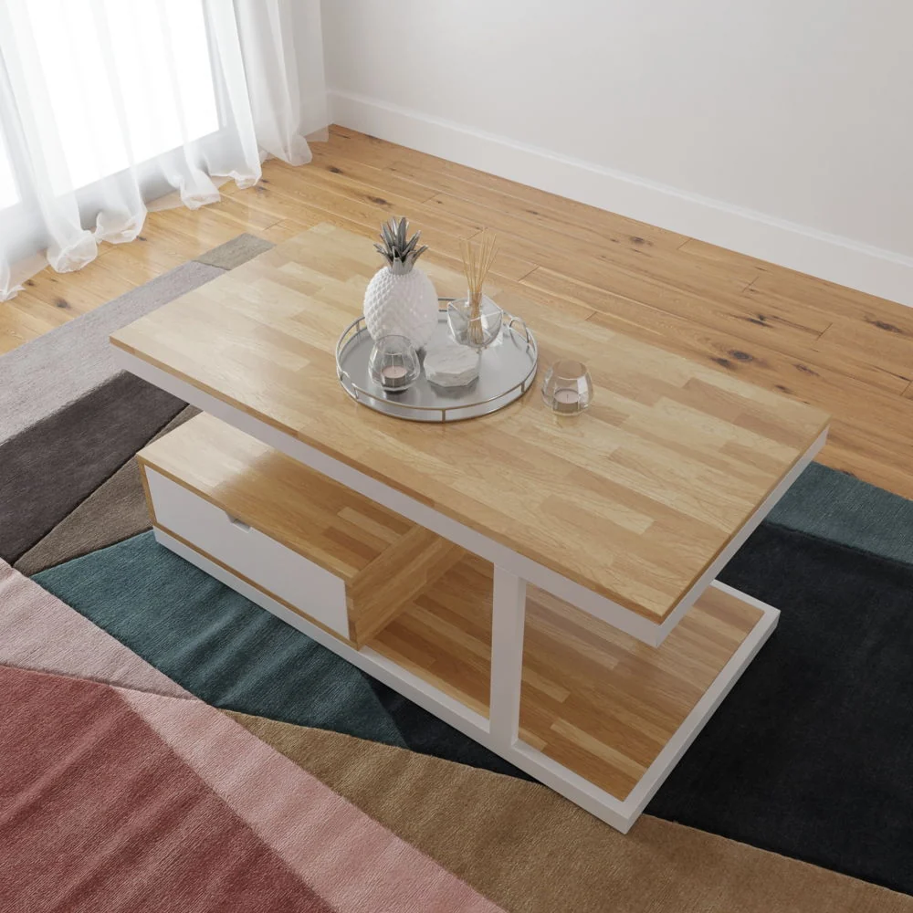 Tekkashop Bàn Trà Hiện Đại Khung Sắt Lệch Tầng Có Ngăn Kéo Gỗ Cao Su