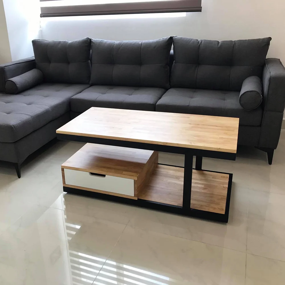 Tekkashop Bàn Trà Hiện Đại Khung Sắt Lệch Tầng Có Ngăn Kéo Gỗ Cao Su