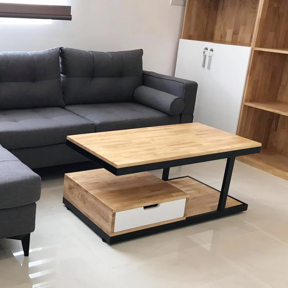 Tekkashop Bàn Trà Hiện Đại Khung Sắt Lệch Tầng Có Ngăn Kéo Gỗ Cao Su