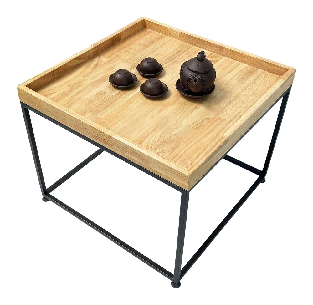 Tekkashop Bàn Trà Vuông Mặt Khay Có Gờ Khung Sắt Gỗ Cao Su
