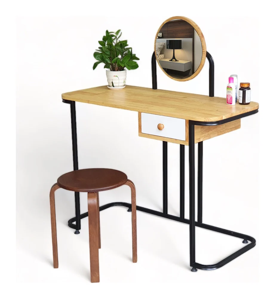 Tekkashop Combo Bàn Trang Điểm Và Ghế Đôn Có Ngăn Kéo 1000x450mm Gỗ Cao Su