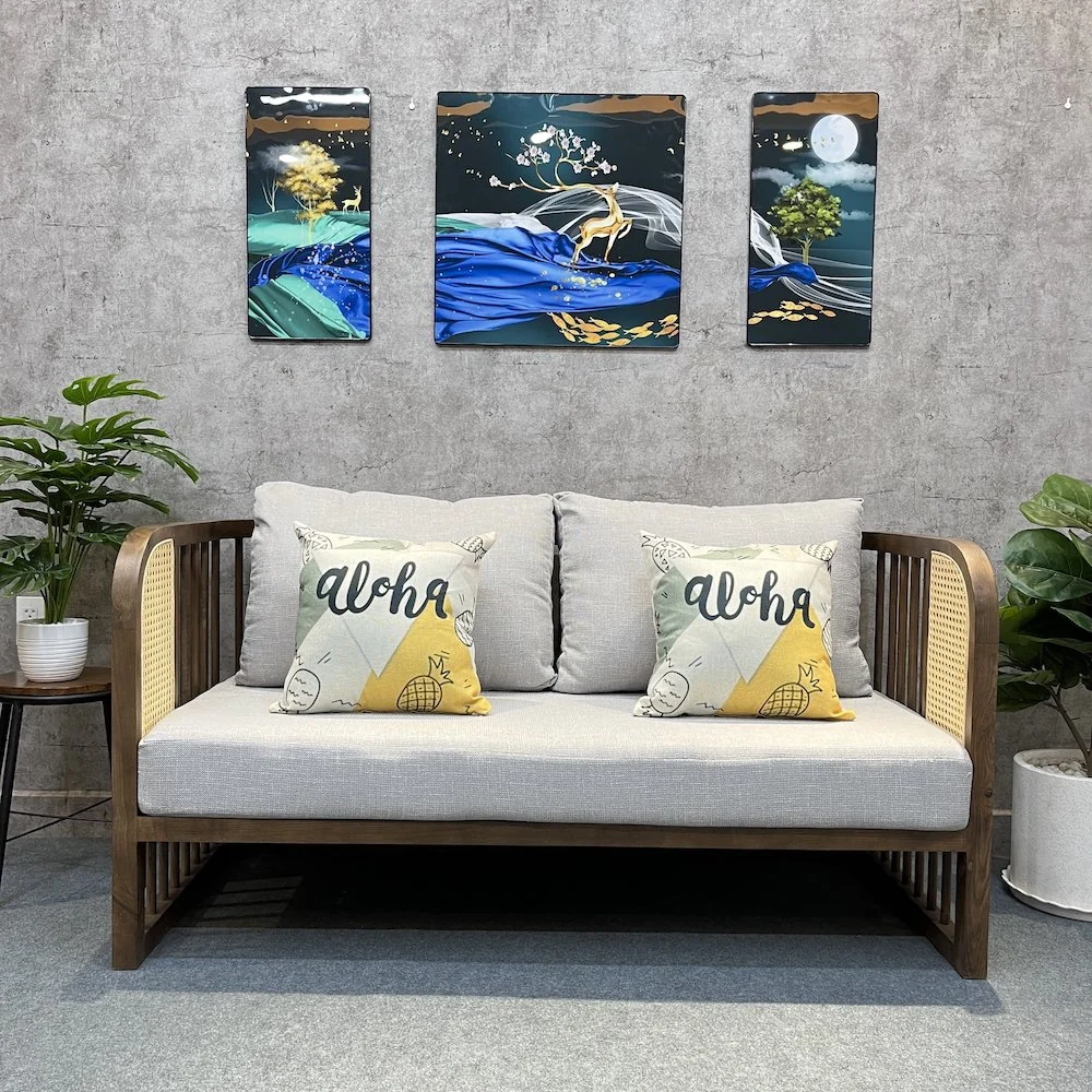 Tekkashop Ghế Sofa Băng Phong Cách Đông Dương Tay Lưới Mây Gỗ Tần Bì
