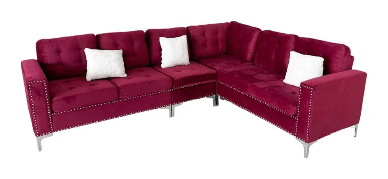 Tekkashop Ghế Sofa Góc Chữ L Nệm Vải Đỏ Viền Đinh Chân Kim Loại