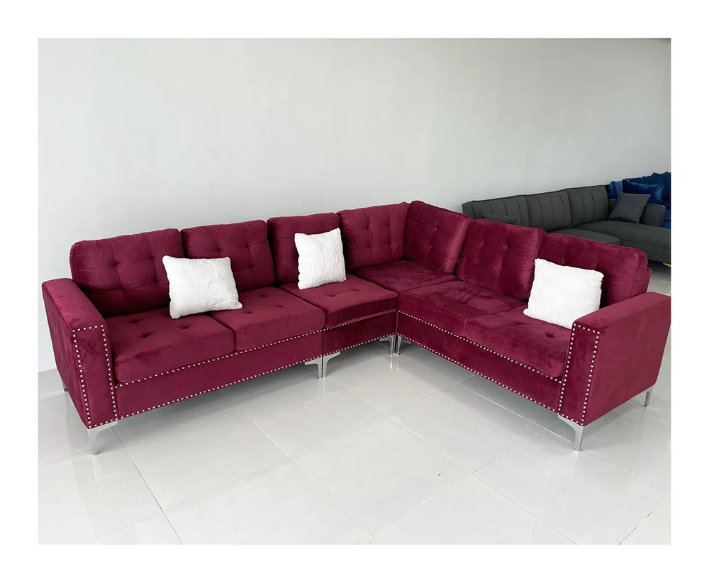 Tekkashop Ghế Sofa Góc Chữ L Nệm Vải Đỏ Viền Đinh Chân Kim Loại