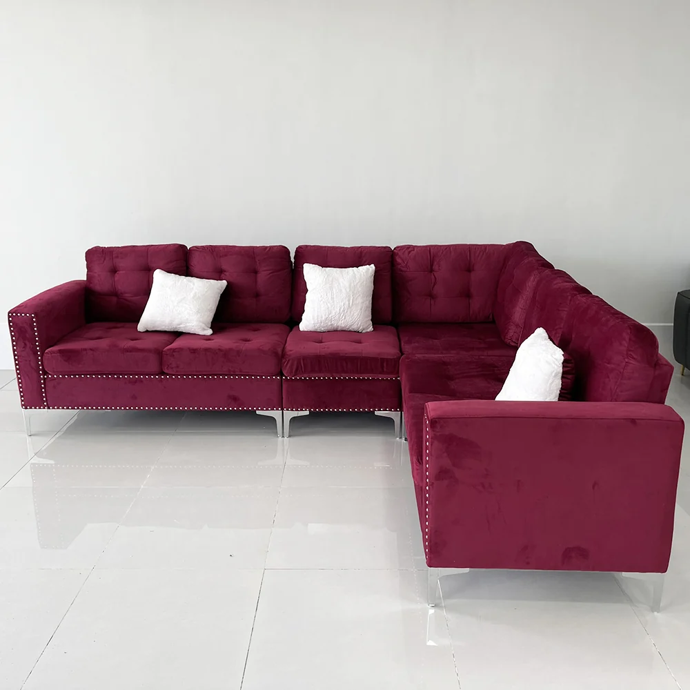 Tekkashop Ghế Sofa Góc Chữ L Nệm Vải Đỏ Viền Đinh Chân Kim Loại